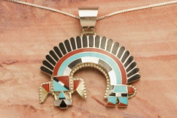 Zuni Indian Rainbow Man Genuine Gemstones Sterling Silver Pendant
